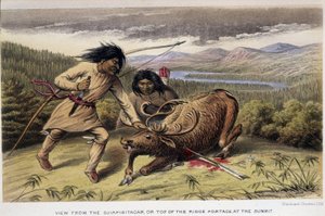 Indianie polujący na renifery - w „Eksploracji półwyspu Labrador” autorstwa Hind, Londyn autorstwa Unknown artist