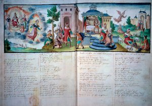 Teatr Religijny: „Pasja i Zmartwychwstanie” grana w Valenciennes w 1547 r. Karta rękopisu z akwarelą, Paryż, B.N. autorstwa Unknown artist