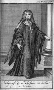 Porządek religijny. Zakonnica św. Rozalii w stroju chórowym w Palermo na Sycylii w XVII wieku. W „”Historii zakonów rycerskich czy rycerskich, bezpiecznych i rutynowych milicji obojga płci, które powstały do tej pory. Wydanie zaczerpnięte z Ab autorstwa Unknown artist