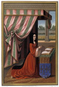 Reprezentacja Anny de France znanej jako Anne de Beaujeu (1461-1522) w modlitwie. Jest córką Ludwika XI i Charlotte de Savoie. Chromolitografia po naświetleniu. autorstwa Unknown artist
