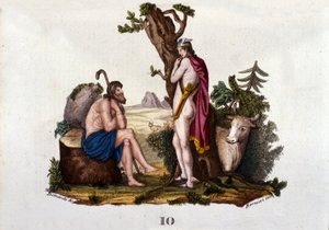 Reprezentacja Argusa i Io, przemieniona w krowę przez Merkurego. Talerz zaczerpnięty z „Słownika mitologii” 1888 autorstwa Unknown artist