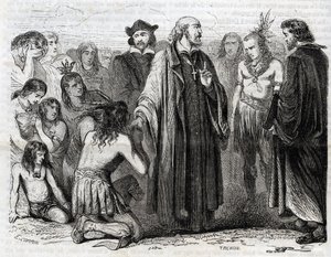 Reprezentacja Bartolome de las Casas (1484-1566) Dominikański ksiądz misjonarz z Indianami” (Portret Bartolome de las casas, dominikanin i protektor Indian - rycina z 1860 r. autorstwa Unknown artist