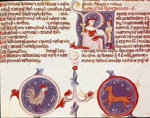 Przedstawienie koguta i kota, na górze dwie postacie, prawdopodobnie tłumacz prezentujący swoją pracę lekarzowi. (miniaturowy autorstwa Unknown artist