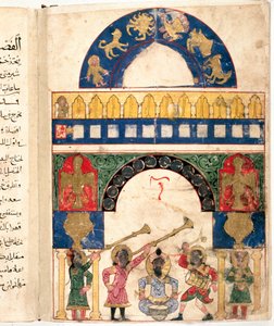 Przedstawienie wodnej klepsydry (zegara) zaprojektowanej przez tureckiego inżyniera Ibn al-Rajjaj al-Jazari (Al Rajjaj Al Jazari) (1136-1206) oraz kalendarz. Wyróżnia krąg zodiaku, Słońca, Księżyca autorstwa Unknown artist