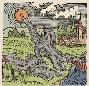 Reprezentacja bazylik w locie spalającym pola pszenicy. Rycina z „Prodigiorum ac ostentorum chronicon” Konrada Lycostenesa (1518-1561). 1557. autorstwa Unknown artist