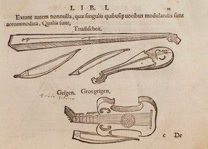 Reprezentacja instrumentów smyczkowych i łucznika. Strona zaczerpnięta z praktycznego podręcznika muzycznego Musurgii autorstwa Unknown artist