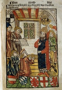 Reprezentacja soboru w Konstancji (1414-1418), zwołanego przez cesarza Zygmunta I i antypapieża Jana XXIII. Położył kres Wielkiej Schizmie Zachodu. Miniatura z 1414 r. Paryż. Biblioteka Polska autorstwa Unknown artist