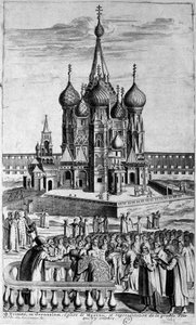 Przedstawienie cerkwi Trójcy Świętej w Moskwie na rycinie z XVII wieku. autorstwa Unknown artist