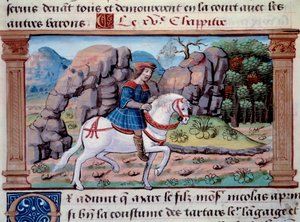 Reprezentacja weneckiego żeglarza Marco Polo (1254-1324) na koniu” Miniatura zaczerpnięta z „Księgi cudów” („Wymyślenie świata”, „Il Milione”) Marco Polo (1254-1324 ). 1298. Paryż, Biblioteka Arsenału autorstwa Unknown artist