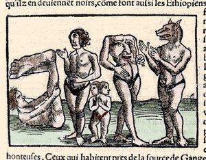 Przedstawienie potworów opisanych przez Amerigo Vespucciego (1451-1512): od lewej do prawej: manopod, cyklop, człowiek z dwiema głowami, człowiek bez głowy i człowiek z głową psa lub cynocefal. Xilografia zaczerpnięta z „Universal .” Sebastiena Munstera autorstwa Unknown artist