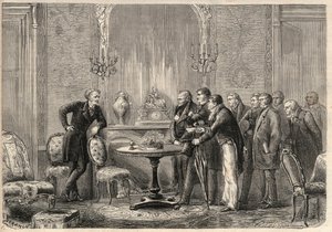 Reprezentacja sztuki „”Mercadet”” (Le Faiseur) Honore de Balzac (1799-1850) w Comedie Francaise. Akt III, scena VI. Grawer w „”L