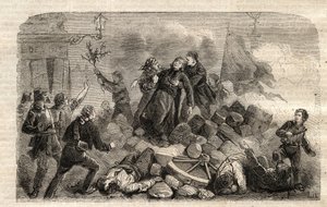Rewolucja 1848: „” Archeveque Monsignor Denis Affre (1793-1848) na barykadzie Faubourg Saint Antoine w Paryżu 26/06/1848 (Czyń mój Boże, że moja krew jest ostatnim wersem) (Śmierć Denis Affre Arcybiskup Paryża barykada przy wejściu do t autorstwa Unknown artist