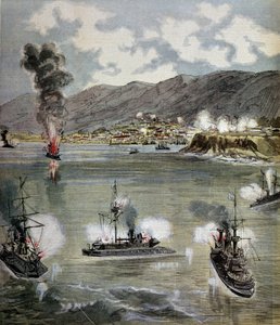Rewolucja w Chile: atak na Valparaiso w 1891 r. Ilustracja zaczerpnięta z „”Suplement ilustruje dziennik du Pepetit””” 1891. Paryż, B.N. autorstwa Unknown artist