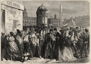 Rewolucja września 1868 w Hiszpanii (Gloriosa): odczytanie manifestu junty na ulicy Alcala w Madrycie. Grawer w „”L