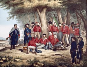 Risorgimento: „włoski patriota Giuseppe Garibaldi (1807-1882) rany w Aspromonte, 29.08.1862 jest transportowany przez żołnierzy” (obraz) autorstwa Unknown artist