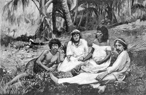 Robert Louis Stevenson (1850 - 1894) z żoną na Samoa, gdzie wydał swoją rezydencję w Vailimie. Grawer około 1890-1895. autorstwa Unknown artist