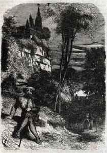 Rodomont, Isabella and the Old Hermit - 1851 grawerowanie z „” Wściekły Roland”” (Orlando furioso) (XVI w.) Ludovico Ariosto, znanego jako Ariosto - Wydanie przetłumaczone z języka włoskiego przez hrabiego Tressan i opublikowane przez Gustave
