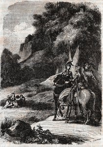 Roger (Ruggero, Ruggiero), Marphise (Marfisa) i trzy kobiety - grawerunek z 1851 r. z „Roland furieux” (Orlando furioso) (XVI w.) Ludovico Ariosto, zwany Ariosto - Wydanie przetłumaczone z języka włoskiego przez hrabiego Tressan i opublikowane przez autorstwa Unknown artist