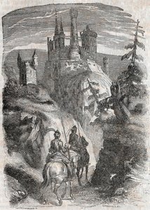 Roger (Ruggero, Ruggiero) i Richardet widzą zamek Aigremont - rycina z 1851 r. z „Roland furieux” (XVI wiek) Ludovico Ariosto, znanego jako Ariosta – wydanie przetłumaczone z języka włoskiego przez hrabiego Tressan i publ autorstwa Unknown artist
