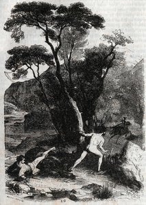 Roland w pogoni za Angelique (Angelica) - rycina z 1851 r. z „Wściekły Roland” (Orlando furioso) (XVI wiek) Ludovico Ariosto, znanego jako Ariosto - Wydanie przetłumaczone z języka włoskiego przez hrabiego Tressan i wydane przez Gustave