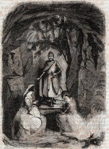 Roland widzi Isabelle w jaskini - grawerunek z 1851 r. z „Wściekły Roland” (Orlando furioso) (XVI w.) Ludovico Ariosto, znanego jako Ariosta - Wydanie przetłumaczone z włoskiego przez hrabiego Tressan i opublikowane przez Gustave