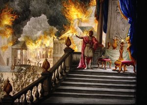 Starożytność rzymska: „”Cesarz Nero kontemplujący pożar Rzymu 18 lipca 64”” (obraz na szkle) autorstwa Unknown artist