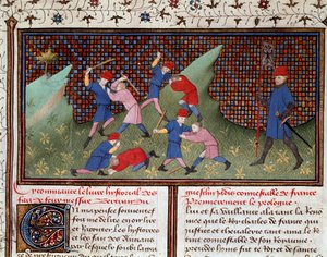 Roman Ogiera Duńczyka: walka ręką i miniaturowym kijem zaczerpniętym z „Kroniki Bertranda du Guesclina” (Ms 490) 1405 Musee Conde, Chantilly autorstwa Unknown artist