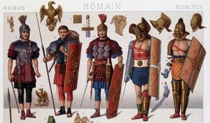 Stroje rzymskich gladiatorów i wojowników. XIX-wieczna chromolitografia. autorstwa Unknown artist
