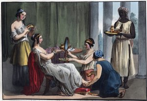Rzymska dama w toalecie - grawer z „Zwyczajności i tradycji wszystkich narodów wszechświata”. Czyli Historia rządu, praw, milicji, religii wszystkich narodów od czasów najdalszych do dnia dzisiejszego „1856 autorstwa Unknown artist