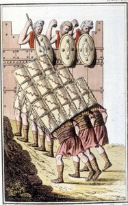Żołnierze rzymscy (legion rzymski) manewrujący i broniący się tarczami. Grawerunek z początku XIX wieku autorstwa Unknown artist