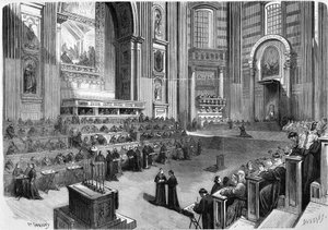 Rzym 1869, pierwsze posiedzenie soboru ekumenicznego z 1869 r., które odbyło się 9 grudnia w prawej części transeptu kościoła św. Piotra. autorstwa Unknown artist