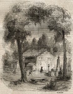Rousseau a Motiers (Kanton Neuchâtel) - Ilustracja do „Wyznań” Jean-Jacquesa (Jean Jacques) Rousseau (1712-1778) - rycina z 1849 r. autorstwa Unknown artist
