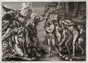 Biblia Royaumont, Nowy Testament: Chrzest Jezusa Chrystusa. Święty Jan Chrzciciel chrzczący Jezusa Chrystusa w wodach Jordanu. Ilustracja z 1811 roku. autorstwa Unknown artist