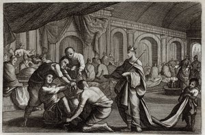 Biblia Royaumont, Nowy Testament: Suknia ślubna. Przypowieść o królu, który dokonał ślubu swego syna, z którego odrzucił mężczyznę, który nie miał sukni ślubnej. Ilustracja z 1811 roku. autorstwa Unknown artist