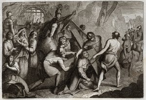 Biblia Royaumont, Nowy Testament: Niesienie krzyża (Droga Krzyżowa). Jezus Chrystus niesie swój krzyż na Górę Kalwarię z pomocą Szymona Cyrenejczyka (Cyrenejczyka). Ilustracja z 1811 roku. autorstwa Unknown artist