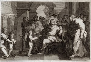 Biblia Royaumonta, Nowy Testament: dziecięcy wzór pokory. Jezus Chrystus proponuje swoim uczniom dziecko jako wzór pokornego chrześcijanina. Ilustracja z 1811 roku. autorstwa Unknown artist