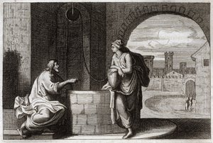 Biblia Royaumont, Nowy Testament: Chrystus i Samarytanin przy studni. Jezus Chrystus nawraca Samarytankę. Ilustracja z 1811 roku. autorstwa Unknown artist
