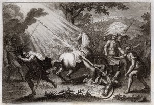 Biblia Royaumont, Nowy Testament: Nawrócenie św. Pawła w drodze do Damaszku. Słyszy głos Jezusa Chrystusa, który mówi do niego „Wilow, Willow, who persequeris me”” (Saulu, Saulu, dlaczego mnie prześladujesz?) i upadek konia. Ilustracja z 1811 roku. autorstwa Unknown artist