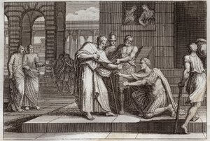 Biblia Royaumonta, Nowy Testament: Korneliusz chrzci. Wrona setnik przyjmuje wiarę Jezusa Chrystusa i zostaje ochrzczona przez św. Piotra. Ilustracja z 1811 roku. autorstwa Unknown artist