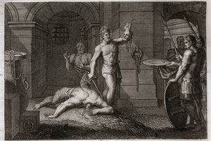 Biblia Royaumont, Nowy Testament: Dekolacja św. Jana Chrzciciela. Jeden kładzie głowę na płaskowyżu. Ilustracja z 1811 roku. autorstwa Unknown artist