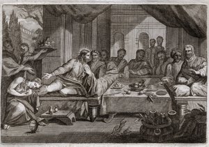 Biblia Royaumont, Nowy Testament: Kolacja u Szymona Faryzeusza. Maria Magdalena poszła płakać u stóp Jezusa Chrystusa u Szymona faryzeusza i uzyskała przebaczenie grzechów. Namaszcza maścią stopy Chrystusa i wyciera je włosami. Il autorstwa Unknown artist