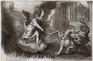 Biblia Royaumonta, Nowy Testament: Smocze Łańcuchy. Smok Apokalipsy, symbol Diabła, jest przykuty łańcuchem przez Anioła trzymającego klucz abime. Ilustracja z 1811 roku. autorstwa Unknown artist