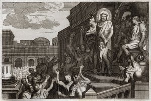 Biblia Royaumonta, Nowy Testament: Ecce homo. Poncjusz Piłat (Pontius Pilatus) przedstawia tłumowi Jezusa Chrystusa cierniami mówiąc: „Oto Człowiek”. Ilustracja z 1811 roku. autorstwa Unknown artist