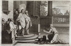 Biblia Royaumont, Nowy Testament: Jezus Chrystus i żona Kanaanu (Kanan lub cudzoziemka). Chłopka prosi Pana o pomoc w uzdrowieniu jej córki. Chrystus odpowiedział mu: „Posłano mnie tylko do zagubionych owiec z domu Izraela”. Ilustracja z autorstwa Unknown artist