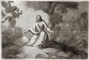 Biblia Royaumont, Nowy Testament: Jezus Chrystus w Ogrodzie (modlitwa na Górze Oliwnej). Jezusowi ukazuje się anioł trzymający kielich. Apoterzy św. Piotra, św. Jana i św. Jakuba śpią. Ilustracja z 1811 roku. autorstwa Unknown artist