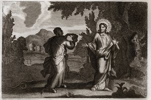 Biblia Royaumont, Nowy Testament: Jezus Chrystus na pustyni. Jezus zostaje wypędzony na pustynię. Młody czterdzieści dni i czterdzieści nocy. Jest kuszony przez demona, który zaprasza go do zamiany kamieni w chleb. Ilustracja z 1811 roku. autorstwa Unknown artist