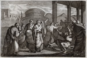Biblia Royaumont, Nowy Testament: Lame gueri. Św. Paweł wojuje kulawy i aresztuje lud, który chciał złożyć mu ofiarę jak Bóg. Ilustracja z 1811 roku. autorstwa Unknown artist