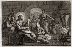 Biblia Royaumont, Nowy Testament: Marta i Maria. Jezus Chrystus wchodzi do domu Marty, która spieszy, aby go przyjąć, podczas gdy jego siostra Maria z Betanii wysłuchuje jego słowa. Ilustracja z 1811 roku. autorstwa Unknown artist