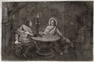 Biblia Royaumont, Nowy Testament: Nikodema przychodzi nocą, aby znaleźć Jezusa Chrystusa. Ilustracja z 1811 roku. autorstwa Unknown artist