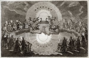 Biblia Royaumont, Nowy Testament: Otwórz Niebo. Pojawia się tron otoczony lwem, wołem, człowiekiem i orłem (tetramorfa) oraz siedmioma lampami. Wizję tę otaczają dwudziestu czterech starych ludzi siedzących na tronach. Ilustracja z 1811 roku. autorstwa Unknown artist